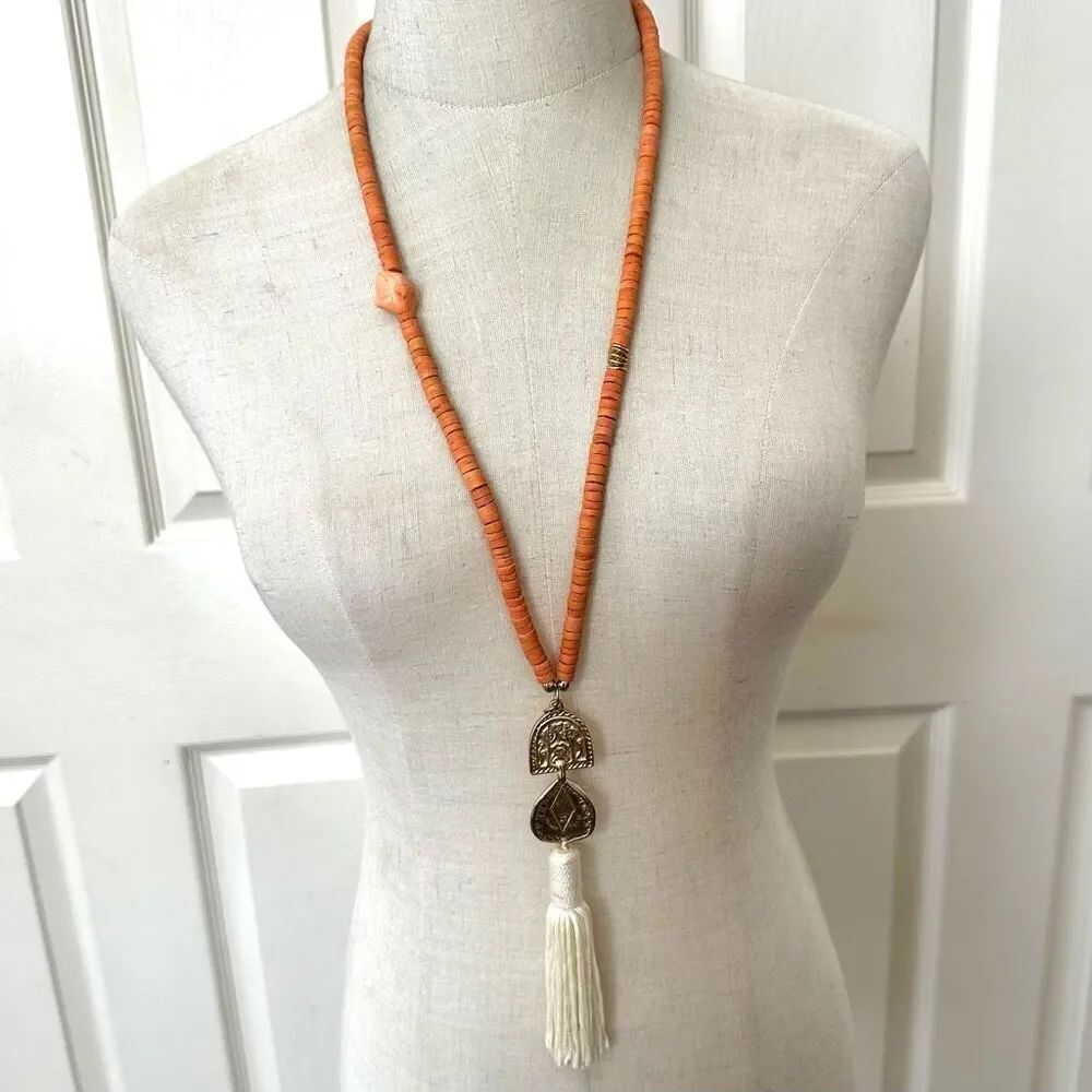Chico’s orange beaded long tassel necklace